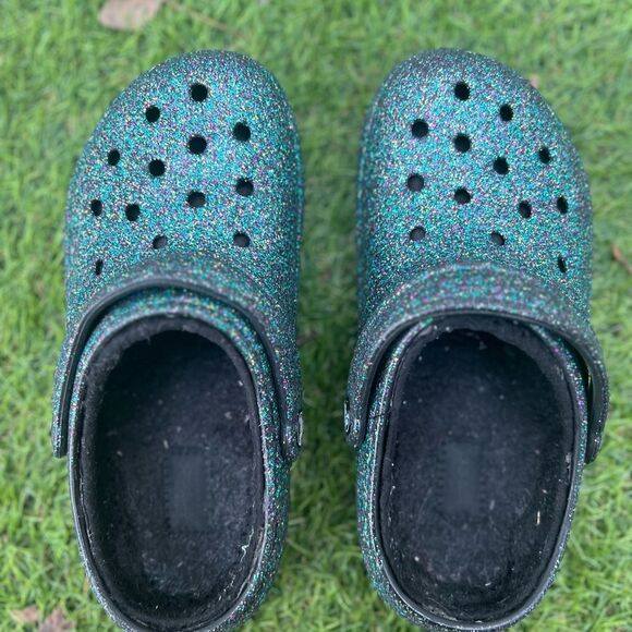 CROCS CLASSIC GLITTER LINED SHOE FUZZY Black Starry Skies Glitter size 6 - Picture 4 of 5